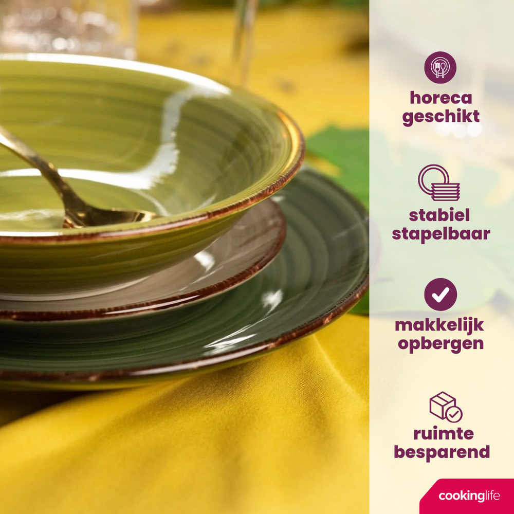 Cookinglife Dinnerware Set Delice Green 18-piece / 6 people - 6 dinner plates, 6 pasta bowls, and 6 side plates