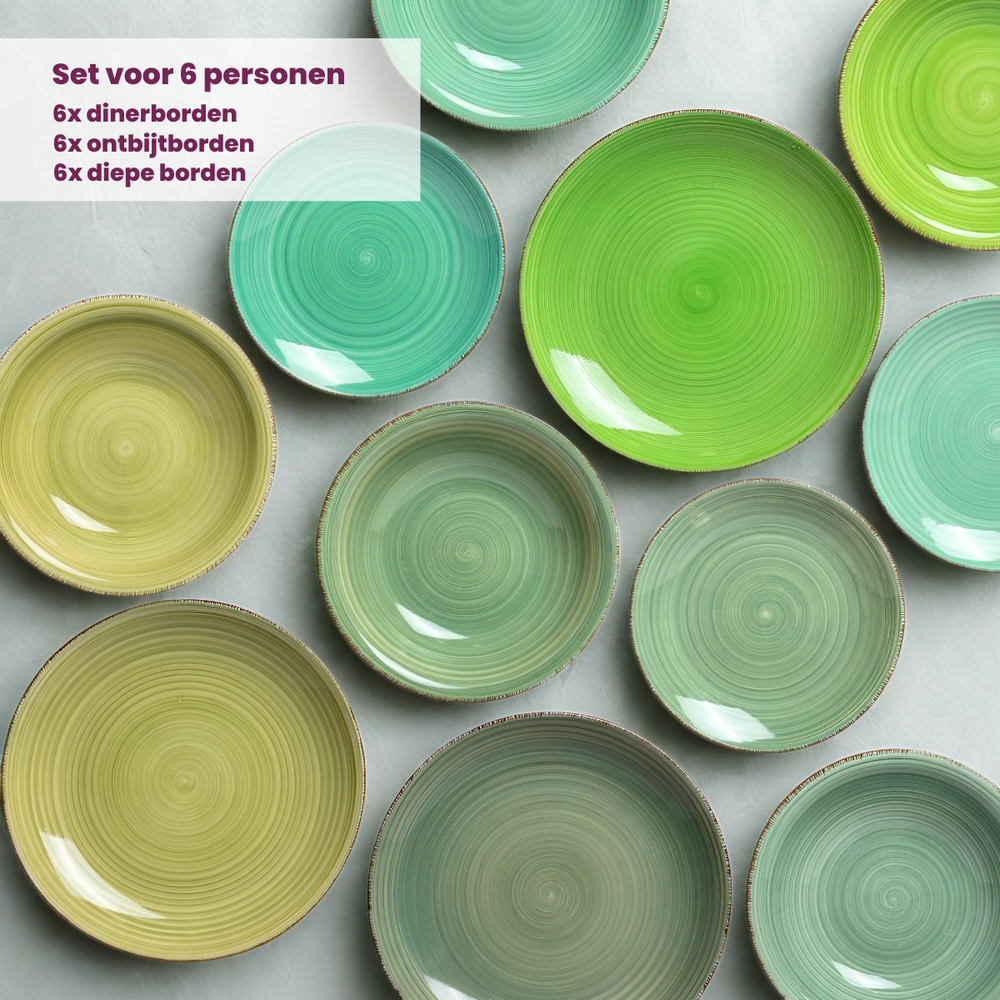 Cookinglife Dinnerware Set Delice Green 18-piece / 6 people - 6 dinner plates, 6 pasta bowls, and 6 side plates