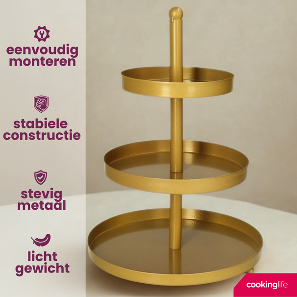 Cookinglife Estantería metálica / dorada ø 15, 20 y 25 cm - 3 niveles - 35 cm de alto