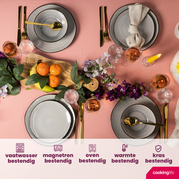 Juego de vajilla Cookinglife Nola Gris cálido 18 piezas / 6 personas - 6 platos llanos, 6 platos de desayuno y 6 cuencos