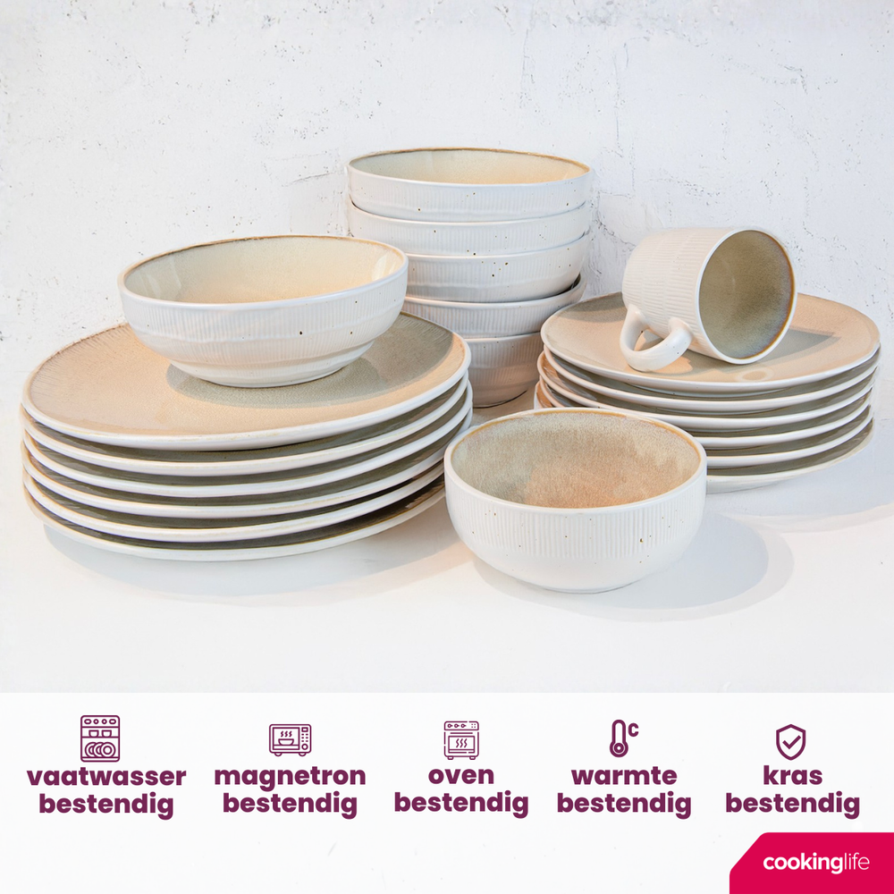 Cookinglife Dinnerware Set Nola Sand Reactive Glaze 18-Piece / 6 Persons - 6 Dinner Plates, 6 Breakfast Plates and 6 Bowls