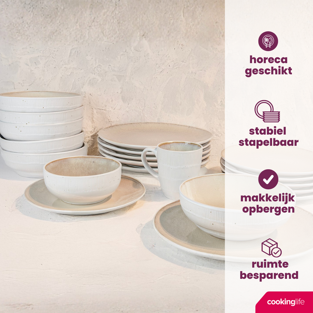 Cookinglife Dinnerware Set Nola Sand Reactive Glaze 18-Piece / 6 Persons - 6 Dinner Plates, 6 Breakfast Plates and 6 Bowls