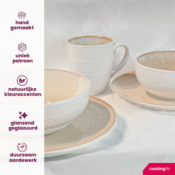 Cookinglife Serviesset Nola Sand esmalte reactivo 18 piezas / 6 personas - 6 platos de cena, 6 platos de desayuno y 6 cuencos