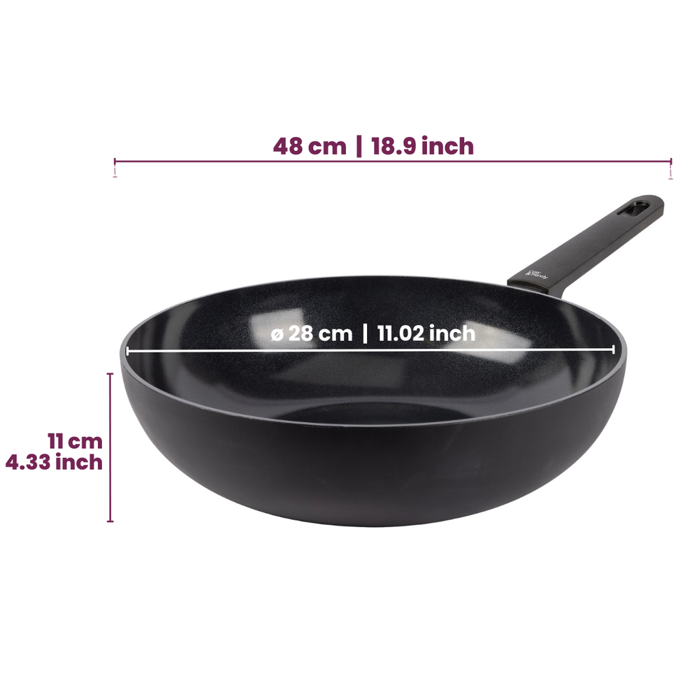 Cookinglife Cookware Set Black Cera 3-piece - Wok Pan Ø 28 cm + Frying Pans Ø 24 & 28 cm - Suitable for All Heat Sources - Ceramic Non-stick Coating