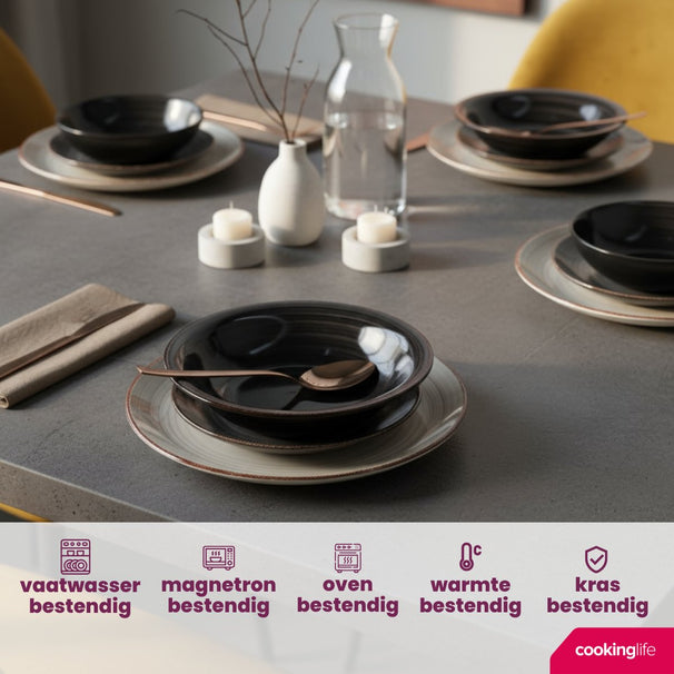 Cookinglife Juego de vajilla Delice Gris 18 piezas / 6 personas - 6 platos llanos, 6 platos hondos y 6 platos para desayuno