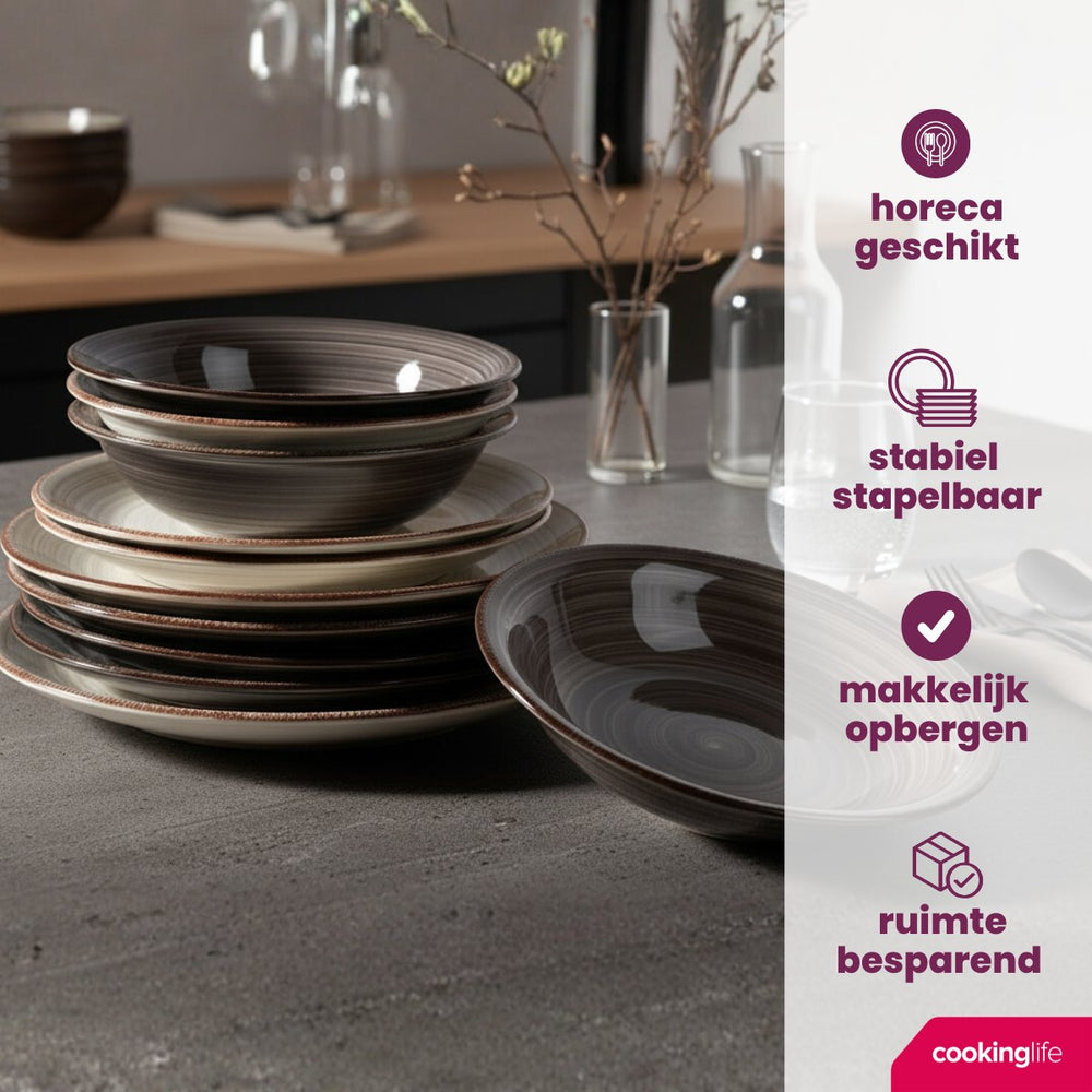 Cookinglife Juego de vajilla Delice Gris 18 piezas / 6 personas - 6 platos llanos, 6 platos hondos y 6 platos para desayuno