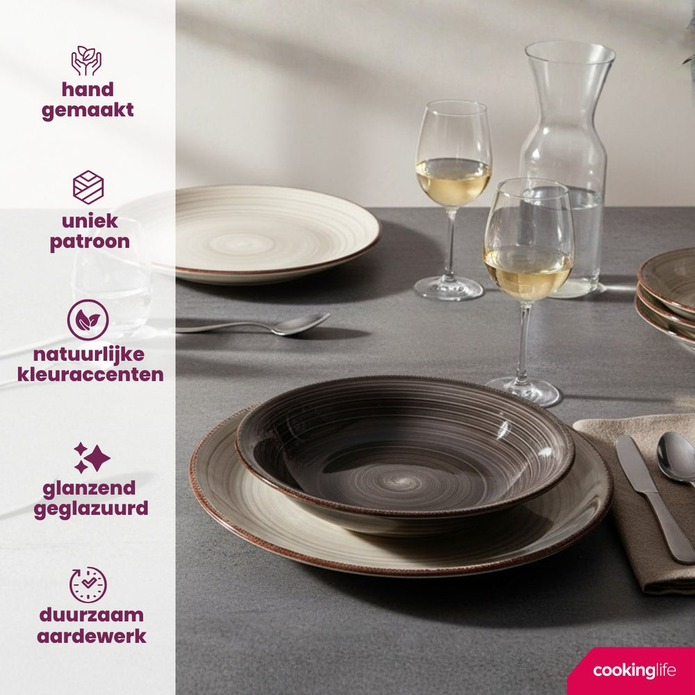 Cookinglife Juego de vajilla Delice Gris 18 piezas / 6 personas - 6 platos llanos, 6 platos hondos y 6 platos para desayuno