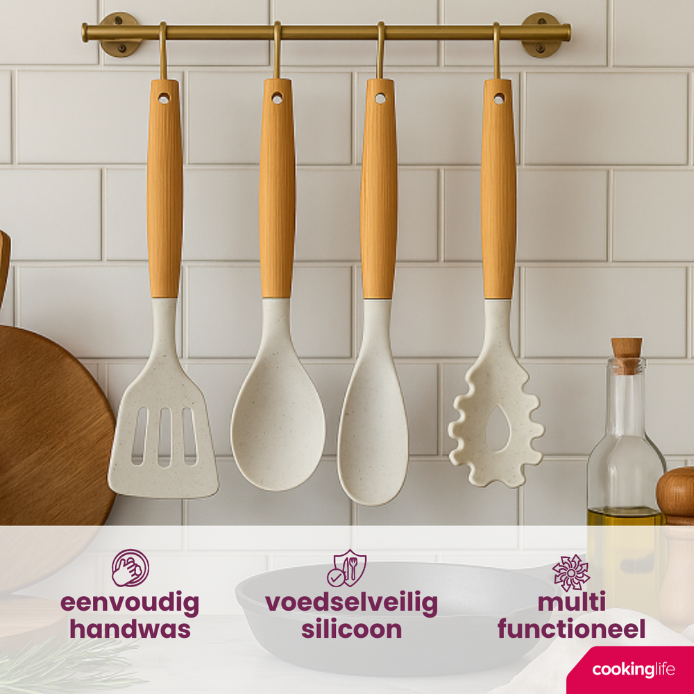 Cookinglife Cookware set - Cookware set - wood beige 4 pieces - Slotted spatula, serving spoon, salad spoon & spaghetti spoon