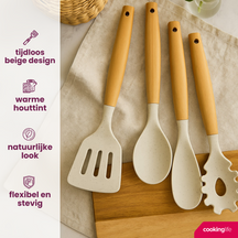 Cookinglife Cookware set - Cookware set - wood beige 4 pieces - Slotted spatula, serving spoon, salad spoon & spaghetti spoon