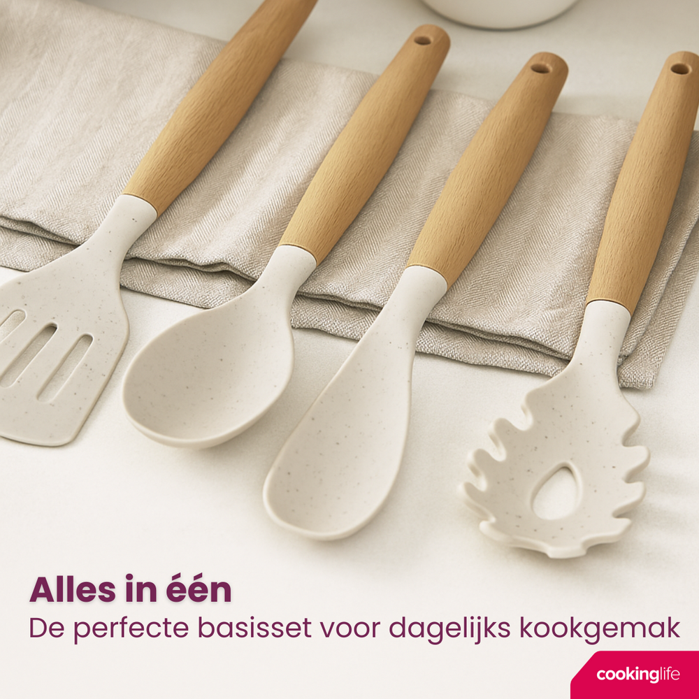 Cookinglife Cookware set - Cookware set - wood beige 4 pieces - Slotted spatula, serving spoon, salad spoon & spaghetti spoon