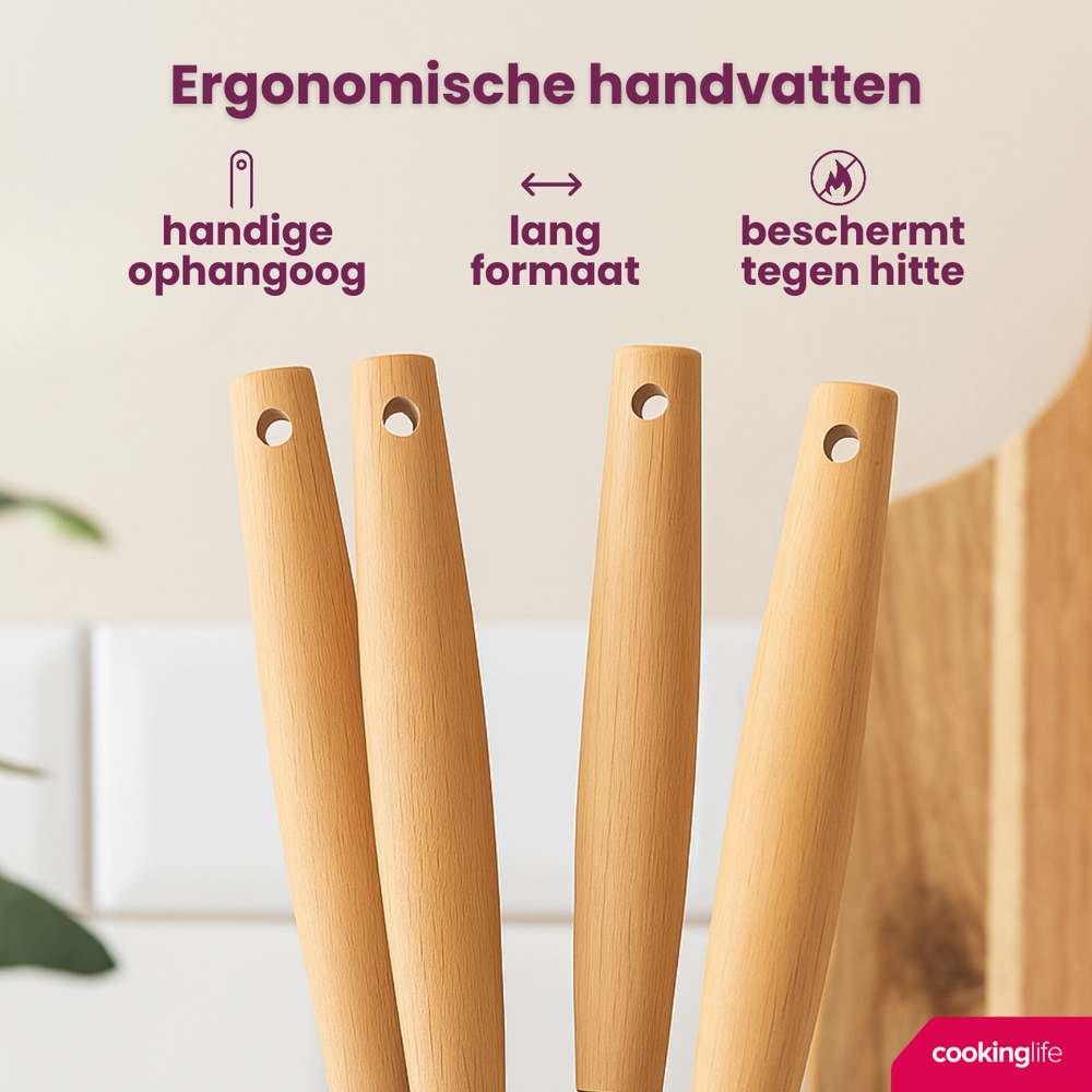 Cookinglife Cookware set - Cookware set - wood beige 4 pieces - Slotted spatula, serving spoon, salad spoon & spaghetti spoon