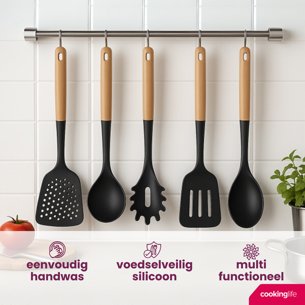 Set de utensilios de cocina Cookinglife - Set de cocina - madera negra 5 piezas - Espumadera, cucharón, cuchara para espaguetis, espátula y cuchara para servir