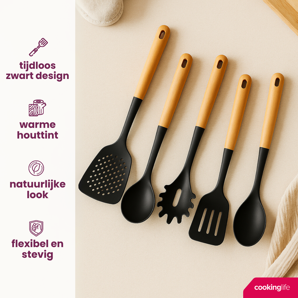 Cookinglife Cookware set - Cookware set - black wood 5 pieces - Slotted spoon, soup ladle, spaghetti spoon, spatula & serving spoon