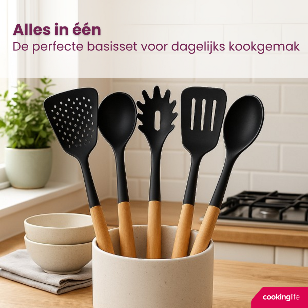 Cookinglife Cookware set - Cookware set - black wood 5 pieces - Slotted spoon, soup ladle, spaghetti spoon, spatula & serving spoon