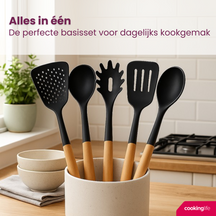 Cookinglife Cookware set - Cookware set - black wood 5 pieces - Slotted spoon, soup ladle, spaghetti spoon, spatula & serving spoon
