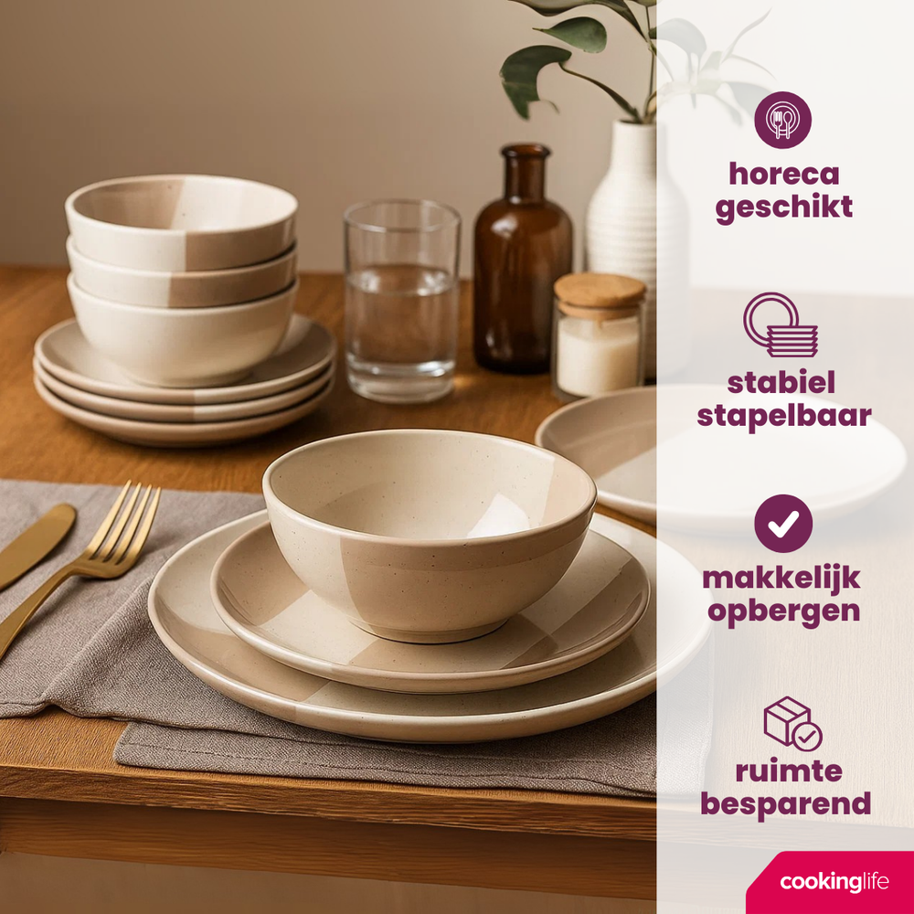 Cookinglife Juego de vajilla Leem 18 piezas / 6 personas - 6 platos de cena, 6 platos de desayuno y 6 cuencos