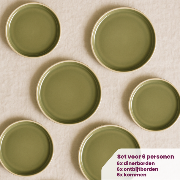 Juego de vajilla Cookinglife Verde Musgo 18 piezas / 6 personas - 6 platos de cena, 6 platos de desayuno y 6 cuencos