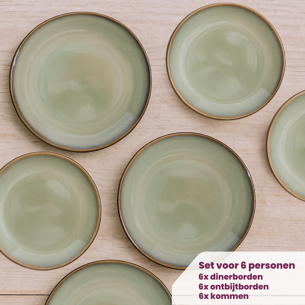Juego de vajilla Cookinglife Sabi Verde 18 piezas / 6 personas - 6 platos de cena, 6 platos de desayuno y 6 cuencos