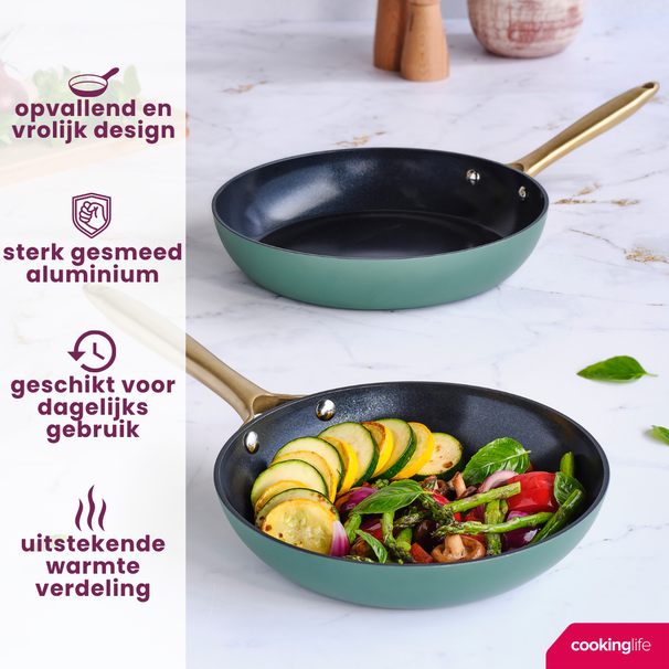 Cookinglife Set de sartenes Style Verde 2 piezas ø 24 y 28 cm - apto para todas las fuentes de calor - revestimiento antiadherente cerámico