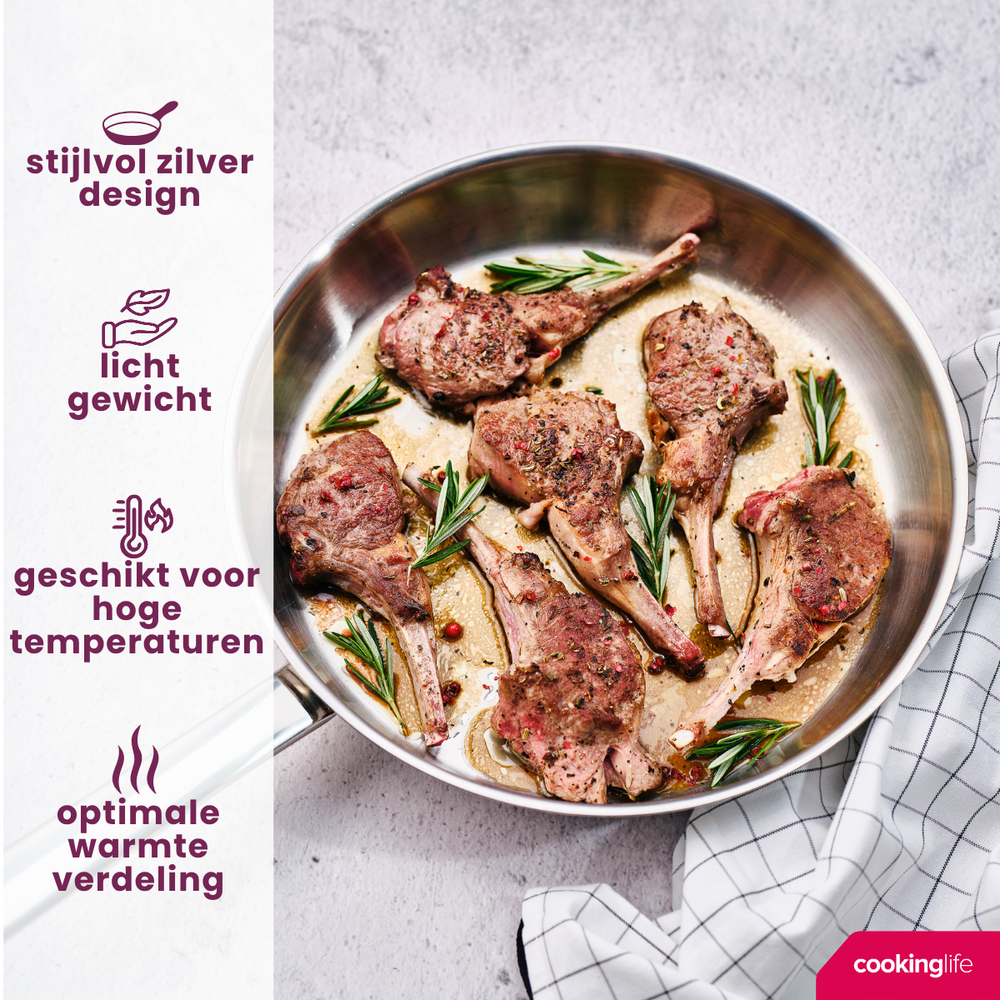 Cookinglife Frying Pan Set Superior Triply Stainless Steel 3-piece - ø 20, 24 & 28 cm - suitable for all heat sources - without non-stick coating