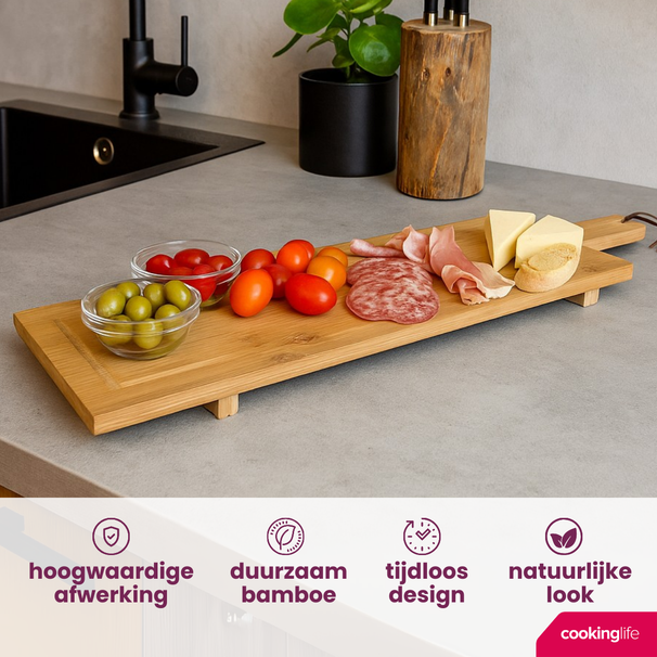 Cookinglife Tabla para servir / tabla de tapas con patas - XL - Bambú - 88 x 26 cm
