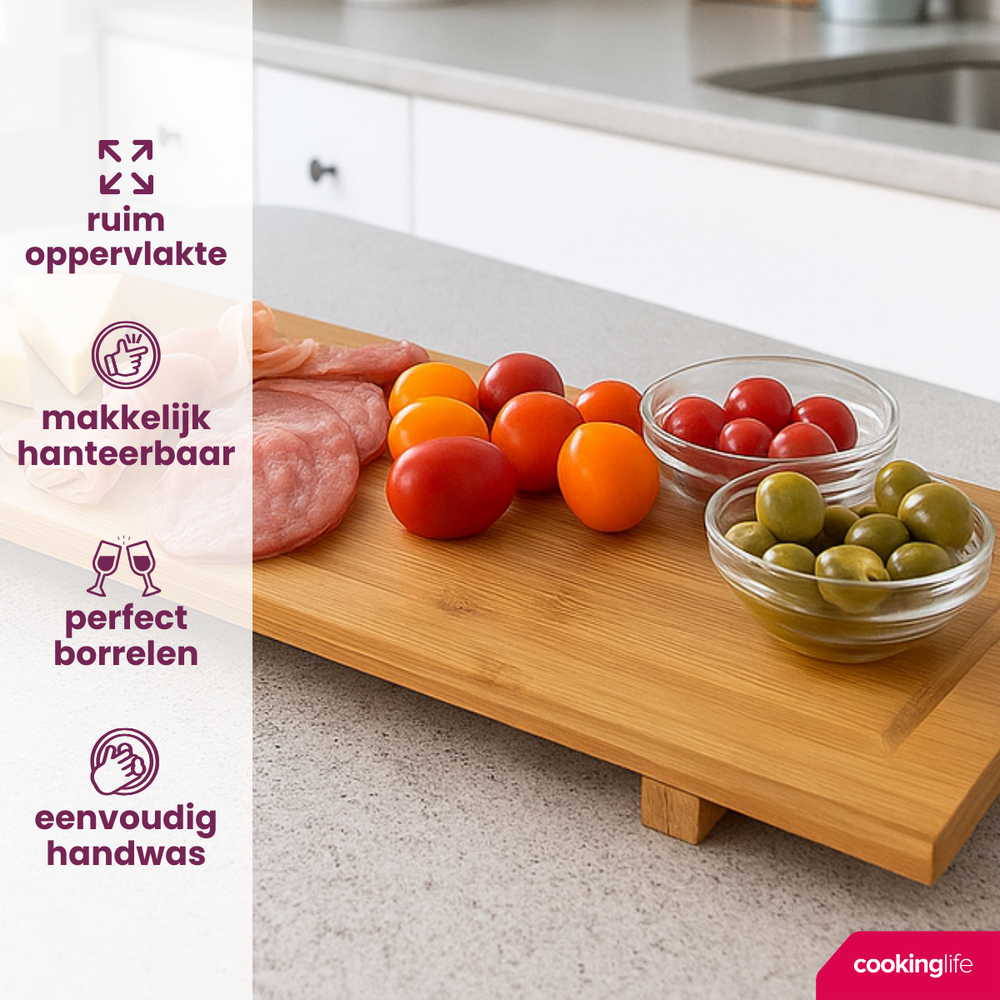 Cookinglife Tabla para servir / tabla de tapas con patas - XL - Bambú - 88 x 26 cm