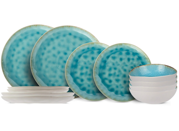 Juego de vajilla Cosy & Trendy Laguna Azzurro 12 piezas / 4 personas - 4 platos de cena, 4 platos de desayuno y 4 cuencos