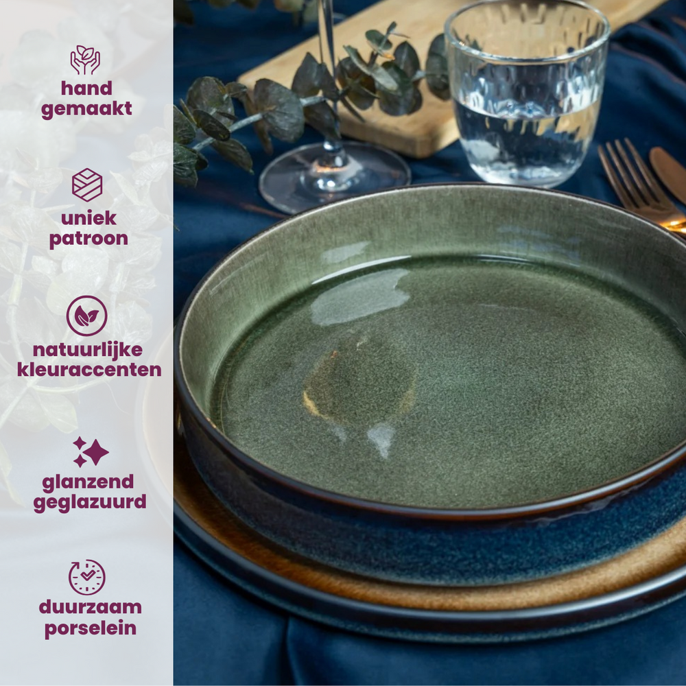 Cosy & Trendy Dinnerware Set Quintana Green 18-piece / 6 people - 6 dinner plates, 6 pasta bowls, and 6 side plates