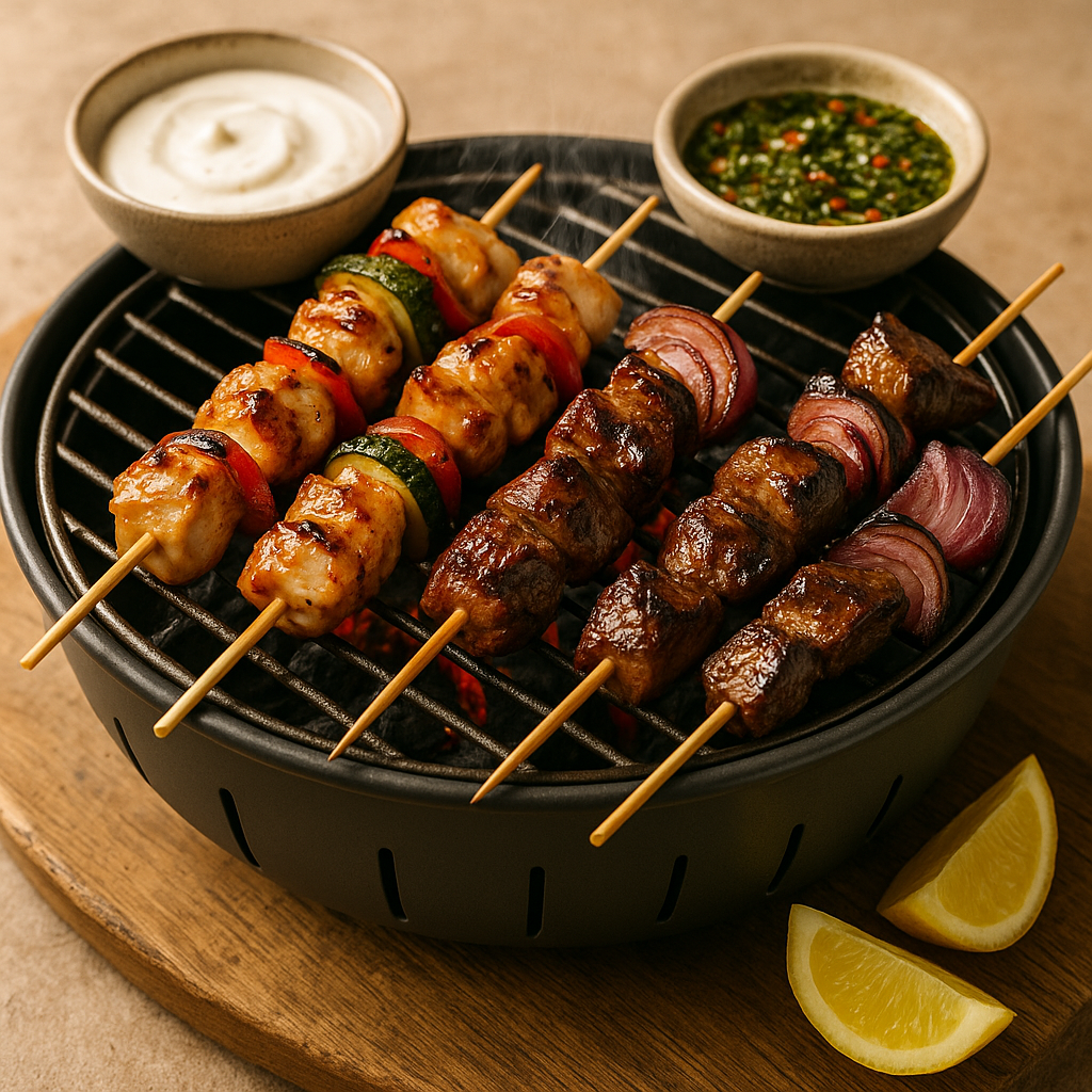 Juicy chicken thigh and tender beef strips on separate skewers, marinated in lemon-garlic with Mediterranean herbs. Cook the chicken through and keep the beef nicely pink — that way everyone gets perfectly grilled skewers in one session.