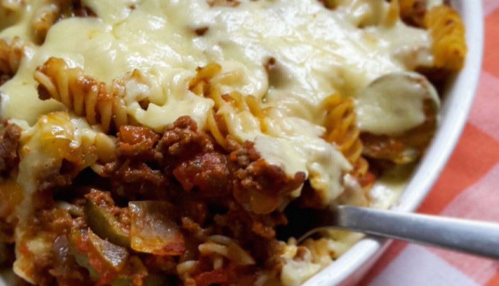 A comforting bake with minced beef, pasta and melting cheddar