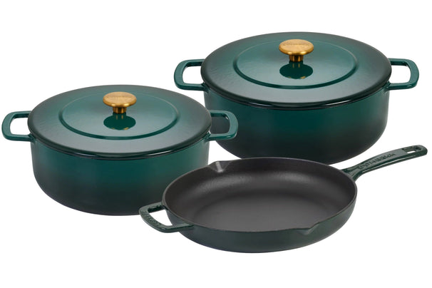 Combekk Cookware Set Cast Iron Holly Green 3-piece - Casserole ø 24, 28 cm & Frying Pan ø 26 cm