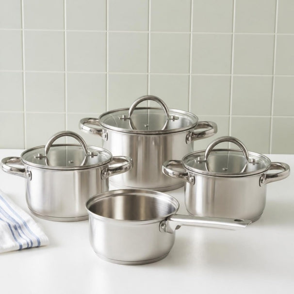 Cooking Cookware Set 4-Piece Stainless Steel - Cooking Pot ø 16, 18, 20 cm & Saucepan ø 16 cm - Suitable for All Heat Sources