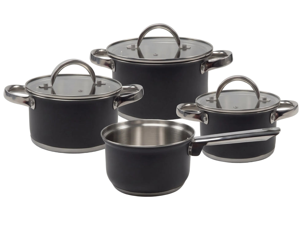 Cooking Set de Sartenes Negras 4 piezas Acero Inoxidable - Olla ø 16, 18, 20 cm & Cacerola ø 16 cm - adecuada para todas las fuentes de calor