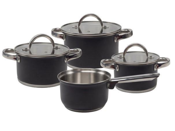 Cooking Cookware Set Black 4-piece Stainless Steel - Cooking Pot ø 16, 18, 20 cm & Saucepan ø 16 cm - suitable for all heat sources