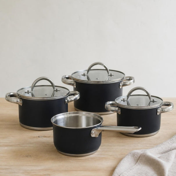 Cooking Cookware Set Black 4-piece Stainless Steel - Cooking Pot ø 16, 18, 20 cm & Saucepan ø 16 cm - suitable for all heat sources