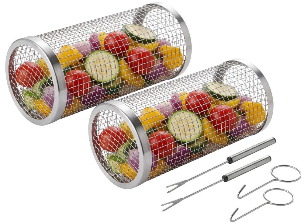 Cookinglife BBQ Rolling Grill Basket Stainless Steel Ø 9 x 20 cm - Set of 2