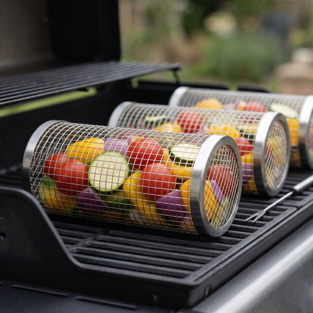 Cookinglife BBQ Rolling Grill Basket Stainless Steel Ø 9 x 20 cm - Set of 2
