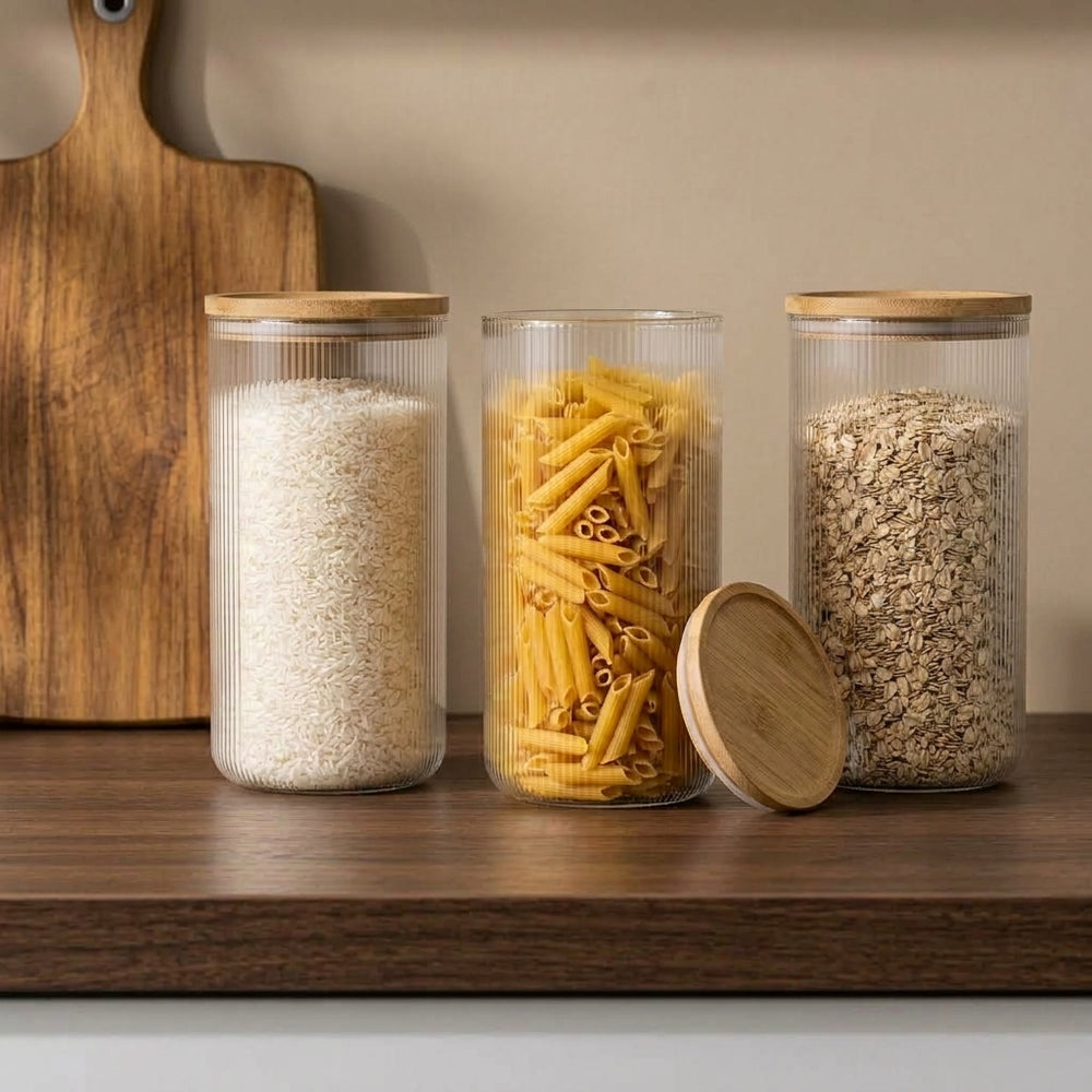 Cookinglife Juego de tarros de almacenamiento Lines - Vidrio con tapa de bambú - 600 ml / 980 ml / 1750 ml - 3 piezas