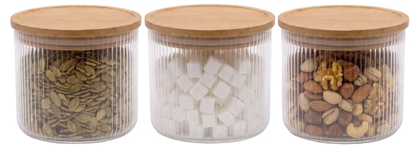 Cookinglife Storage Jars Set Boro Lines - Glass Bamboo Lid - ø 11 cm - 600 ml - 3 pieces