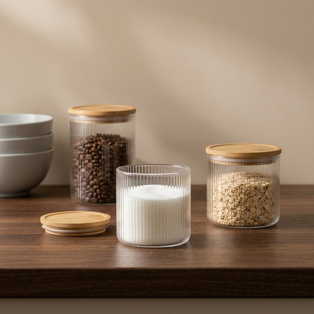 Cookinglife Juego de tarros de almacenamiento Lines - Vidrio con tapa de bambú - 600 ml / 980 ml / 1750 ml - 3 piezas