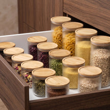 Cookinglife Storage Jars Set Boro Lines - Glass Bamboo Lid - ø 11 cm - 980 ml - 3 pieces