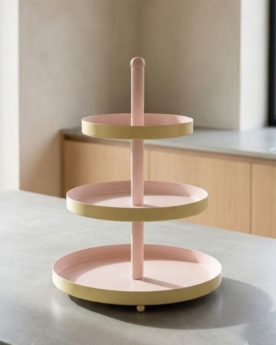 Cookinglife Stand / Serving Tower Metal - Yellow / Pink - ø 15, 20 & 25 cm - 3-tier - 35 cm high