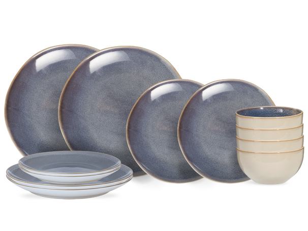 Set de vajilla Serene Blue 12 piezas / 4 personas - 4 platos llanos, 4 platos de desayuno y 4 tazones