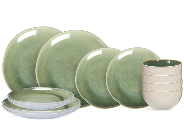 Set de vajilla Serene Green 12 piezas / 4 personas - 4 platos llanos, 4 platos de desayuno y 4 tazones