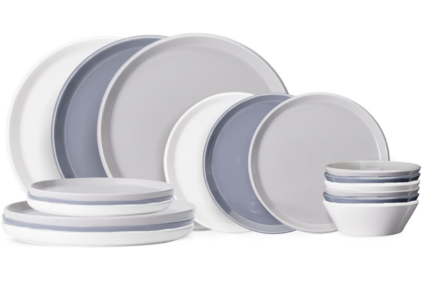 Cookinglife Set de vajilla Siaki - Blanco / Azul / Gris - Porcelana 18 piezas / 6 personas - 6 platos para cenar, 6 platos de desayuno y 6 cuencos