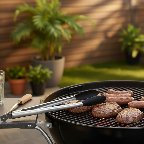 Cookinglife Pinza para BBQ Fire & Flavour Acero Inoxidable 32 cm - Herramienta BBQ con Mango Negro