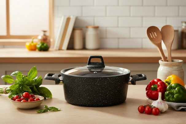 Cookinglife Olla con tapa - Black Speckle - Aluminio ø 20 cm / 2.7 litros - Apta para todas las fuentes de calor - recubrimiento antiadherente estándar