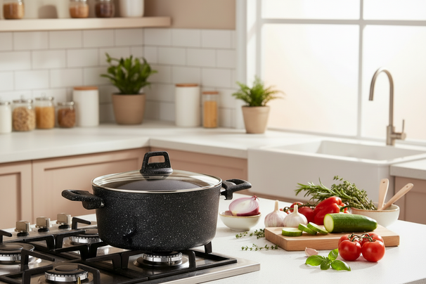 Cookinglife Olla con tapa - Black Speckle - Aluminio Ø 22 cm / 3.5 litros - Apta para todas las fuentes de calor - recubrimiento antiadherente estándar