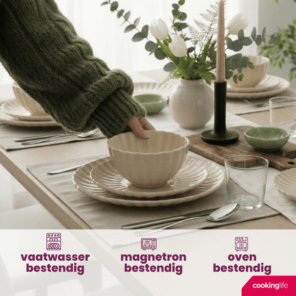 Cookinglife Juego de vajilla Cardida Beige 18 piezas / 6 personas - 6 platos para cena, 6 platos para desayuno y 6 tazones