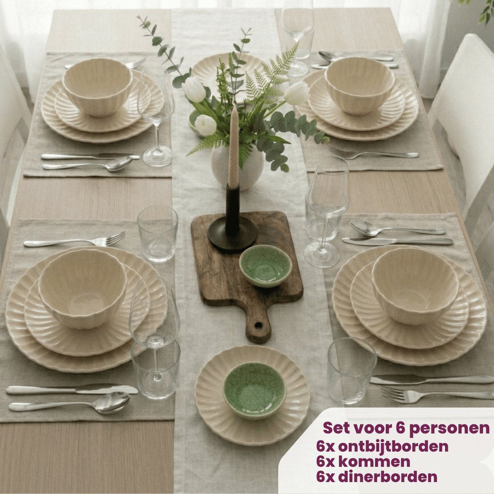 Cookinglife Juego de vajilla Cardida Beige 18 piezas / 6 personas - 6 platos para cena, 6 platos para desayuno y 6 tazones